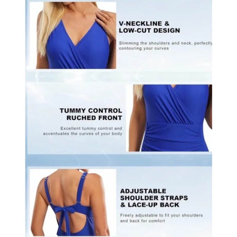 Blue One-Piece Tummy Control V Neck Ruched Padded Bathing Swimsuit NWT Size S - Picture 3 of 9